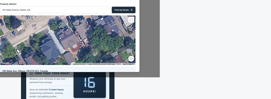 Google satellite map showing a residential driveway outlined in blue, with four editable corner handles.