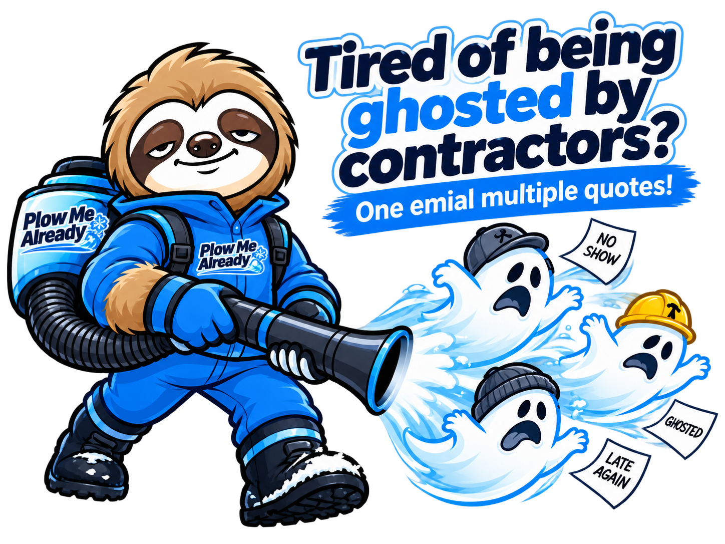 Tired of being ghosted by contractors? One email, multiple quotes! A sloth in a blue snow suit blows away ghost contractors.